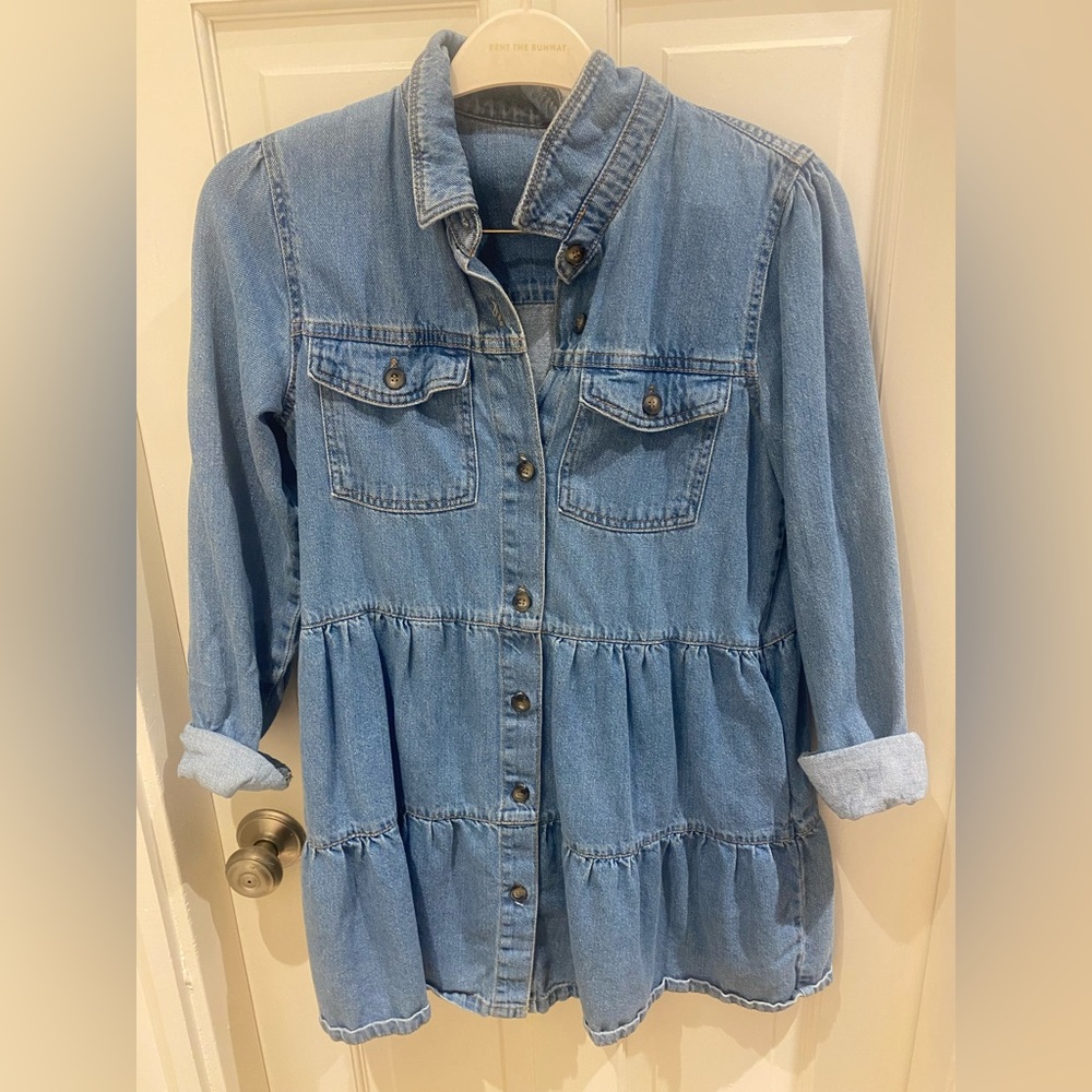 Free People Nicole Boho Long Sleeve Babydoll Tiered Denim Mini Dress
